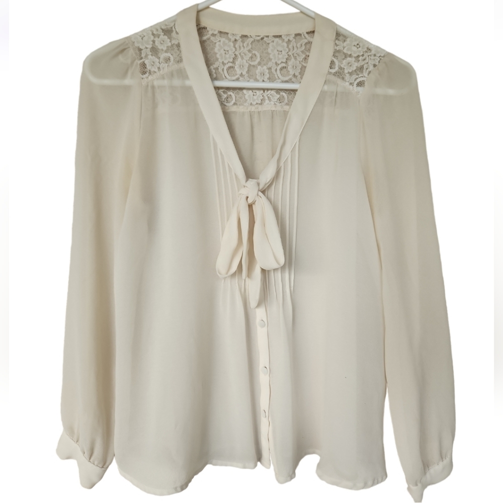 Forever 21 Sheer Ivory Blouse Size Medium Lace Long Sleeve Chiffon See-T…